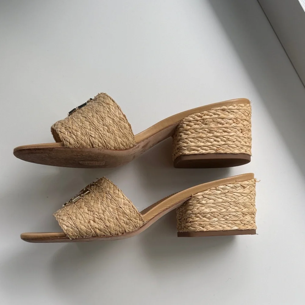 Tory Burch Everly Natural Raffia Slide Mules with Gold Logo